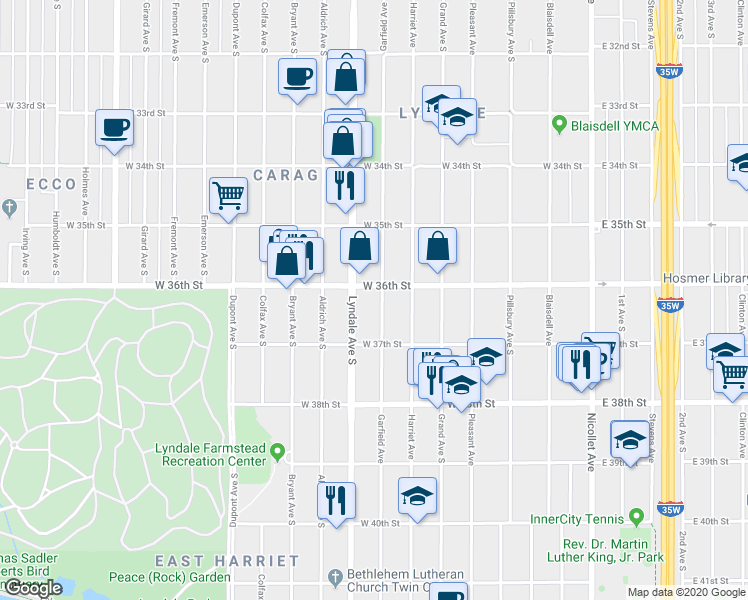 map of restaurants, bars, coffee shops, grocery stores, and more near 3619 Lyndale Avenue South in Minneapolis