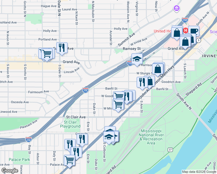 map of restaurants, bars, coffee shops, grocery stores, and more near 436 Banfil Street in Saint Paul