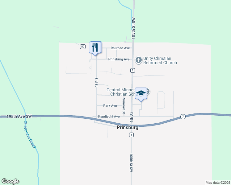 map of restaurants, bars, coffee shops, grocery stores, and more near 505 Minnesota Avenue in Prinsburg