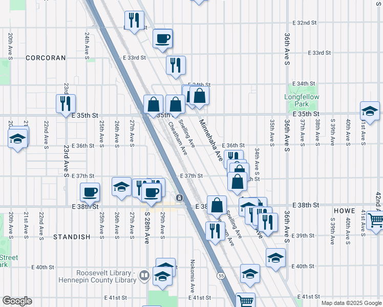 map of restaurants, bars, coffee shops, grocery stores, and more near 3624 Snelling Avenue in Minneapolis