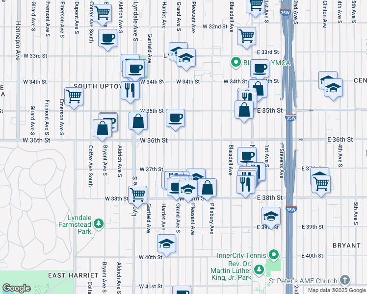 map of restaurants, bars, coffee shops, grocery stores, and more near 3609 Grand Avenue South in Minneapolis