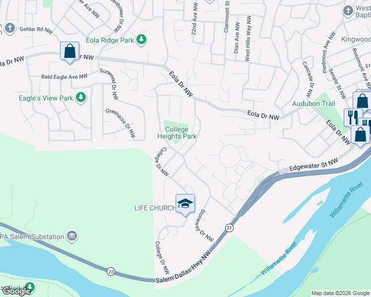 map of restaurants, bars, coffee shops, grocery stores, and more near 300 Stoneway Drive Northwest in Salem