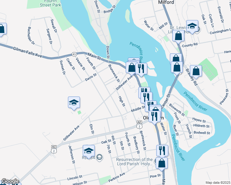 map of restaurants, bars, coffee shops, grocery stores, and more near 24 High Street in Old Town