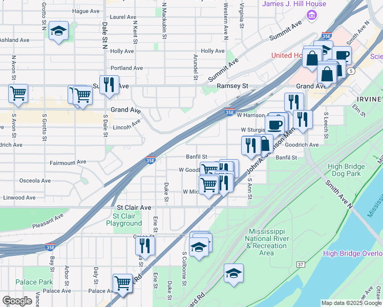 map of restaurants, bars, coffee shops, grocery stores, and more near 436 Banfil Street in Saint Paul