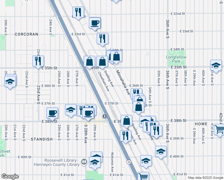 map of restaurants, bars, coffee shops, grocery stores, and more near 3624 Snelling Avenue in Minneapolis