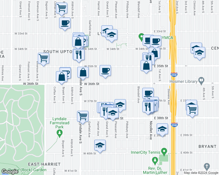 map of restaurants, bars, coffee shops, grocery stores, and more near 3618 Pleasant Avenue in Minneapolis