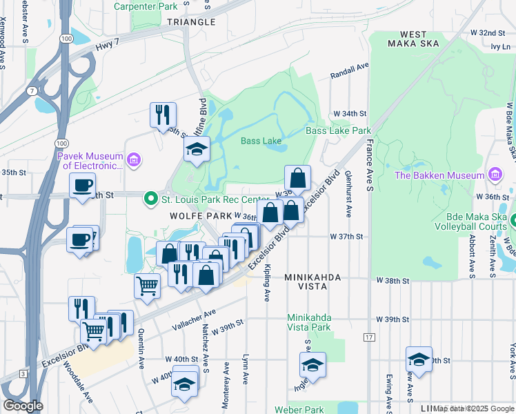 map of restaurants, bars, coffee shops, grocery stores, and more near 3624 Kipling Avenue in Minneapolis