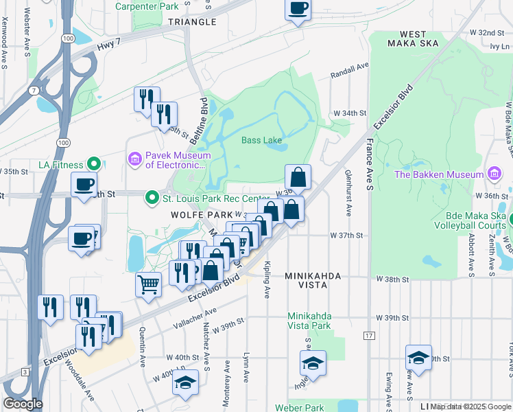 map of restaurants, bars, coffee shops, grocery stores, and more near 3624 Kipling Avenue in Minneapolis