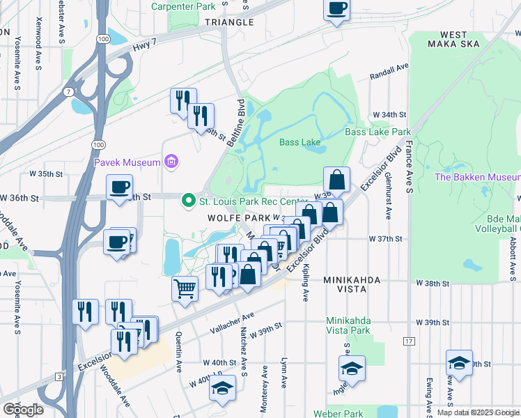 map of restaurants, bars, coffee shops, grocery stores, and more near 3624 Lynn Avenue in Minneapolis