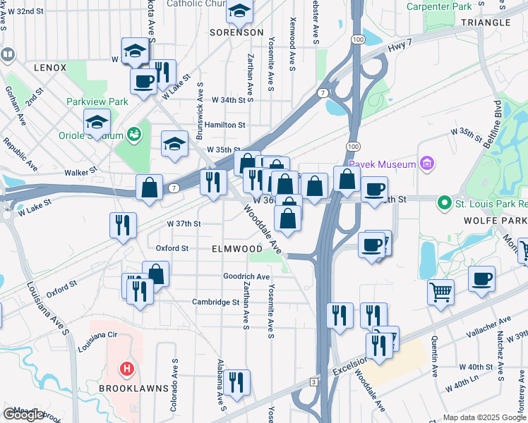 map of restaurants, bars, coffee shops, grocery stores, and more near 5810 West 37th Street in St. Louis Park