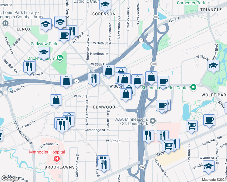 map of restaurants, bars, coffee shops, grocery stores, and more near 3601 Wooddale Avenue South in St. Louis Park