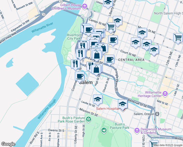 map of restaurants, bars, coffee shops, grocery stores, and more near 419-451 Liberty Street Southeast in Salem