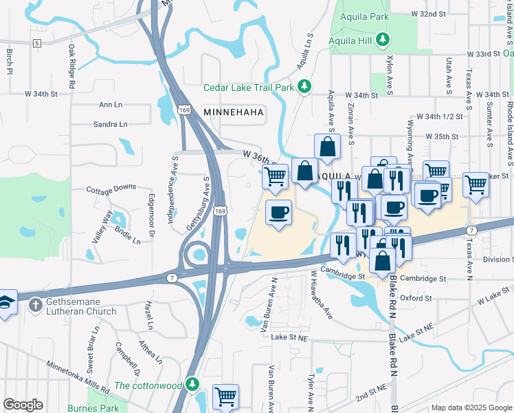 map of restaurants, bars, coffee shops, grocery stores, and more near 3699 Phillips Pkwy in Minneapolis