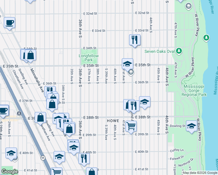 map of restaurants, bars, coffee shops, grocery stores, and more near 3625 South 39th Avenue in Minneapolis