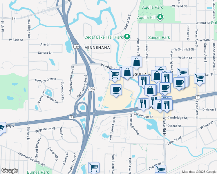 map of restaurants, bars, coffee shops, grocery stores, and more near 3601 Phillips Parkway in St. Louis Park