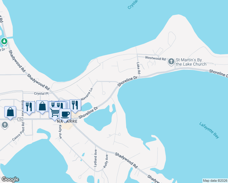 map of restaurants, bars, coffee shops, grocery stores, and more near 3144 Shoreline Drive in Wayzata