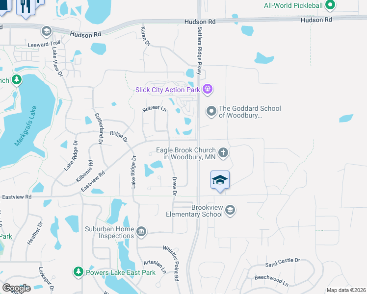 map of restaurants, bars, coffee shops, grocery stores, and more near 10839 Ashley Lane in Woodbury