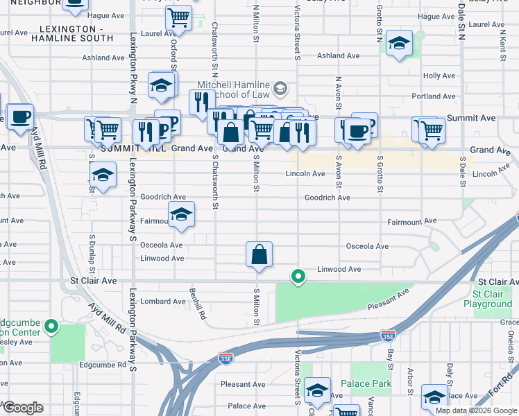map of restaurants, bars, coffee shops, grocery stores, and more near 931 Fairmount Avenue in Saint Paul