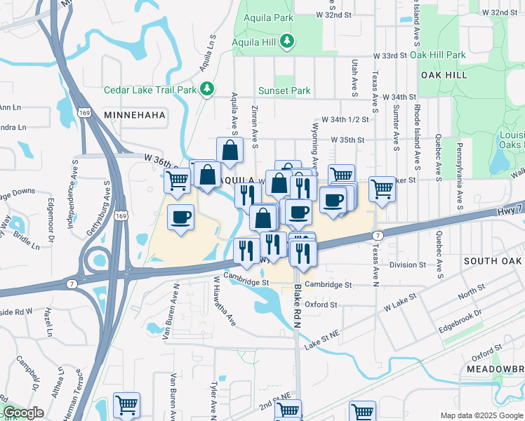 map of restaurants, bars, coffee shops, grocery stores, and more near 8440 Highway 7 in Saint Louis Park