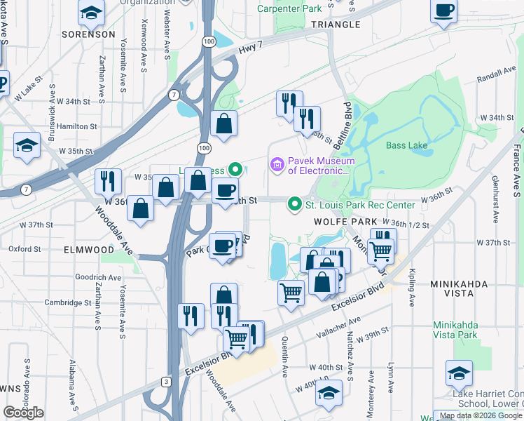 map of restaurants, bars, coffee shops, grocery stores, and more near 3633 Park Center Boulevard in Minneapolis