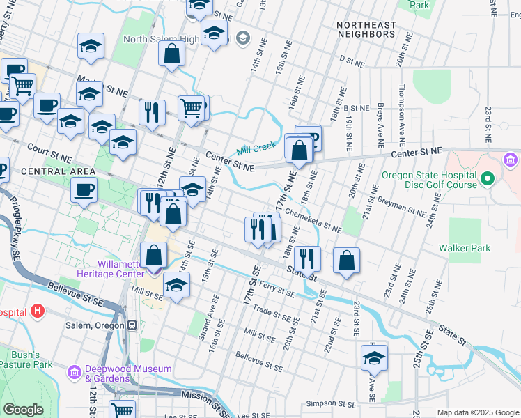 map of restaurants, bars, coffee shops, grocery stores, and more near 1599 Court Street Northeast in Salem