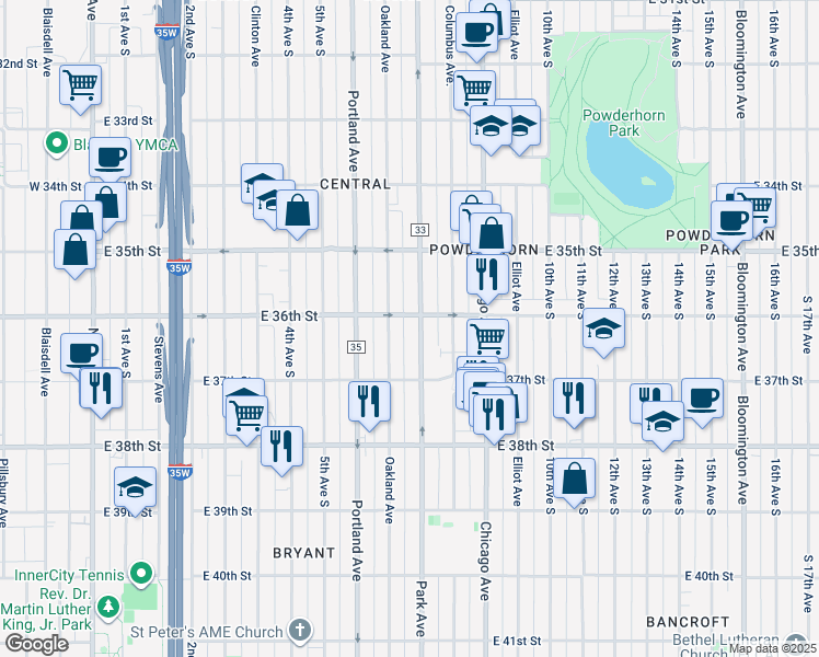 map of restaurants, bars, coffee shops, grocery stores, and more near 3620 Park Avenue in Minneapolis