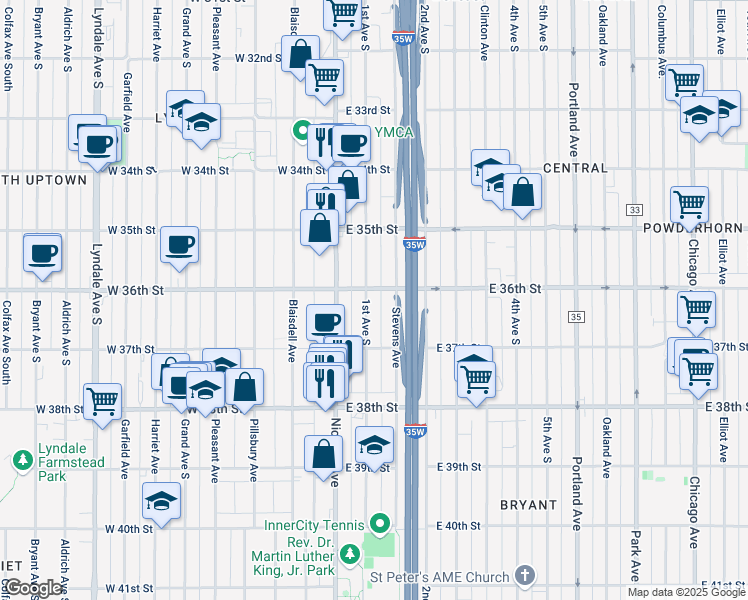 map of restaurants, bars, coffee shops, grocery stores, and more near 3625 1st Avenue South in Minneapolis