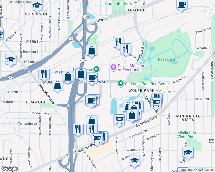 map of restaurants, bars, coffee shops, grocery stores, and more near 3633 Park Center Boulevard in Minneapolis