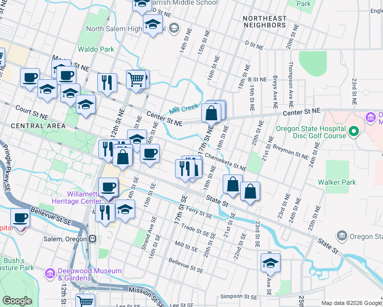 map of restaurants, bars, coffee shops, grocery stores, and more near 1624 Chemeketa Street Northeast in Salem
