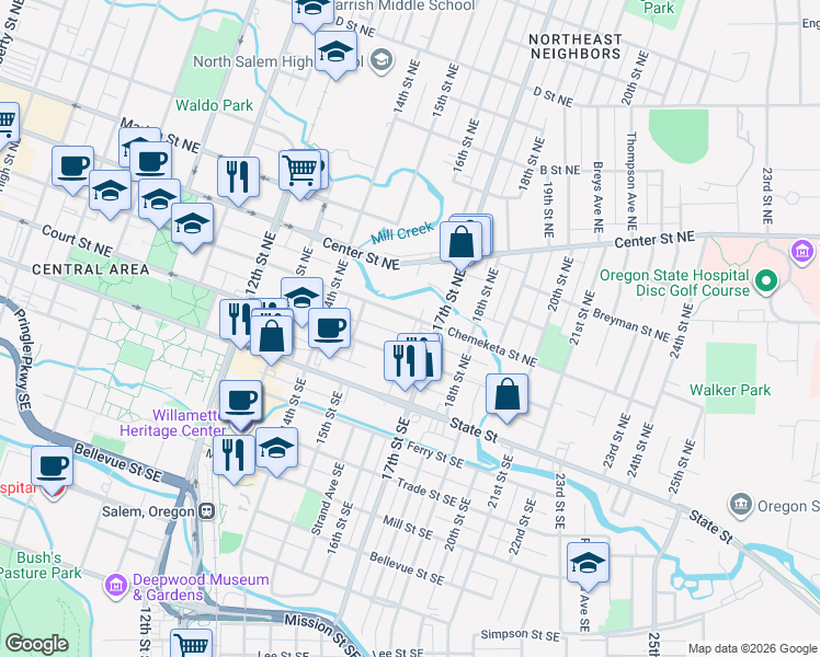 map of restaurants, bars, coffee shops, grocery stores, and more near 1599 Court Street Northeast in Salem