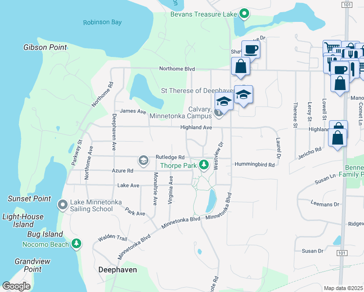 map of restaurants, bars, coffee shops, grocery stores, and more near 3645 Virginia Avenue in Wayzata