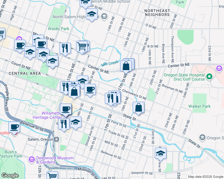 map of restaurants, bars, coffee shops, grocery stores, and more near 1604 Chemeketa Street Northeast in Salem