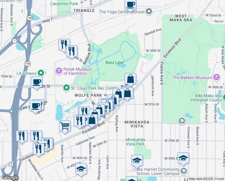 map of restaurants, bars, coffee shops, grocery stores, and more near 3624 Kipling Avenue in Minneapolis
