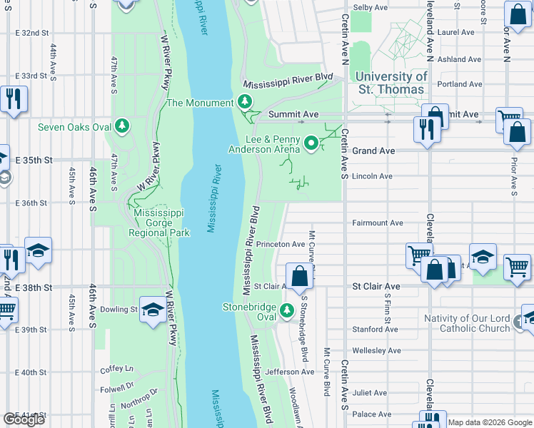 map of restaurants, bars, coffee shops, grocery stores, and more near 157 Woodlawn Avenue in Saint Paul