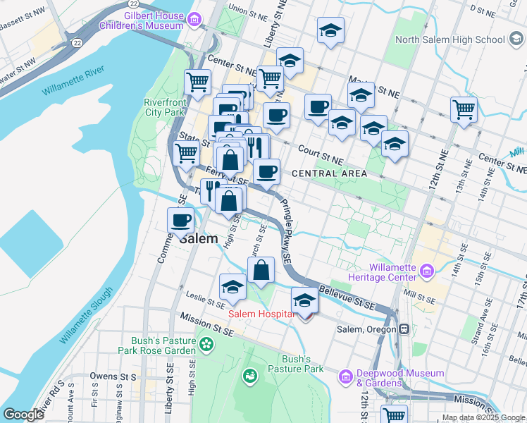 map of restaurants, bars, coffee shops, grocery stores, and more near 295 Church Street Southeast in Salem