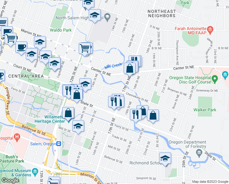 map of restaurants, bars, coffee shops, grocery stores, and more near 1604-1640 Chemeketa Street Northeast in Salem