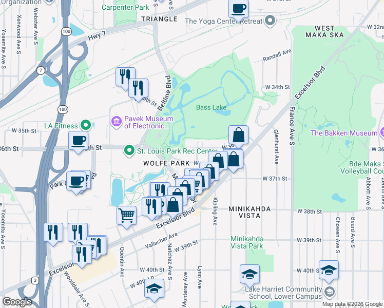 map of restaurants, bars, coffee shops, grocery stores, and more near 3612 Lynn Avenue in Minneapolis
