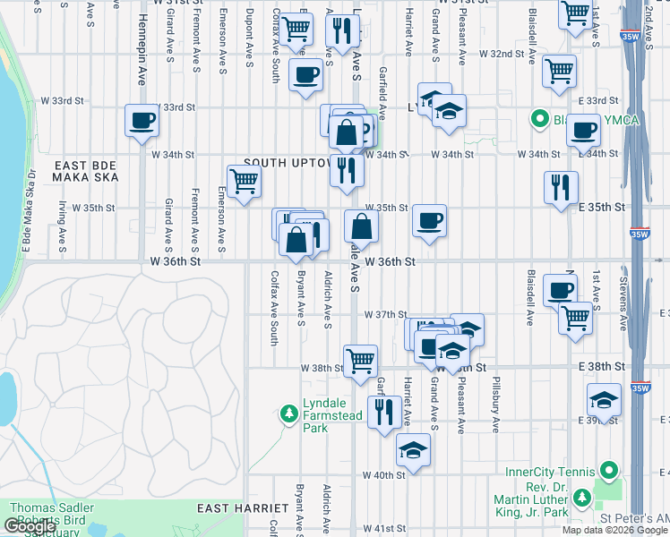 map of restaurants, bars, coffee shops, grocery stores, and more near 3622 Aldrich Avenue South in Minneapolis