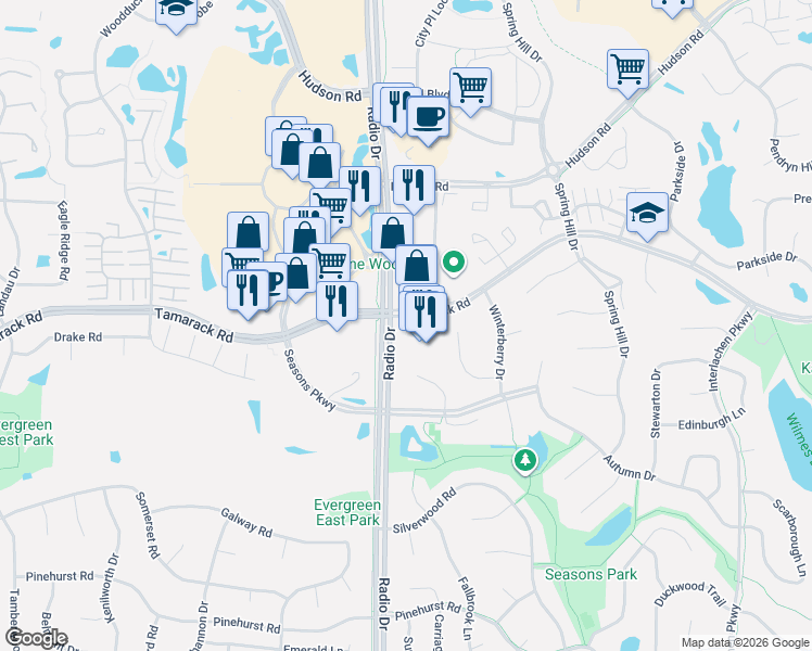 map of restaurants, bars, coffee shops, grocery stores, and more near 757 Radio Drive in Woodbury