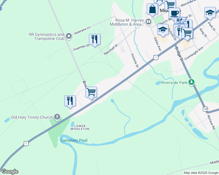 map of restaurants, bars, coffee shops, grocery stores, and more near 139 Main Street in Middleton