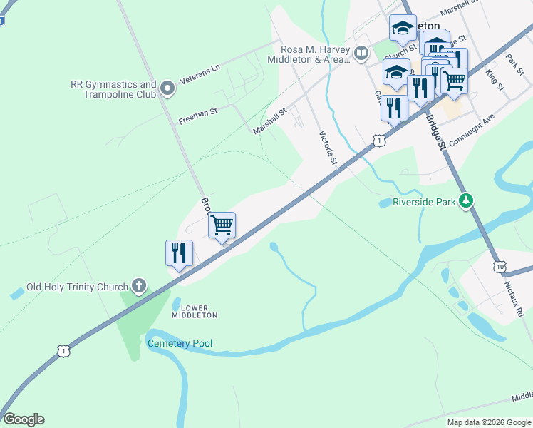 map of restaurants, bars, coffee shops, grocery stores, and more near 139 Main Street in Middleton