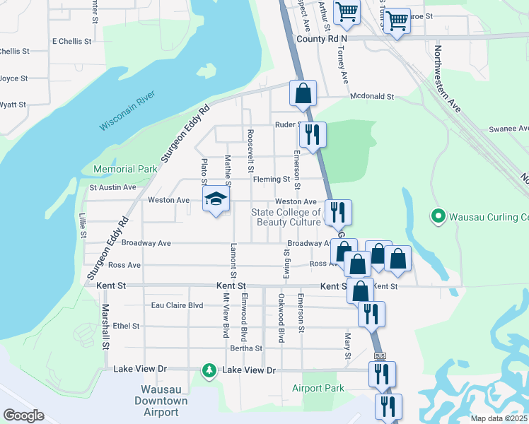 map of restaurants, bars, coffee shops, grocery stores, and more near 1924 Fairmount Street in Wausau