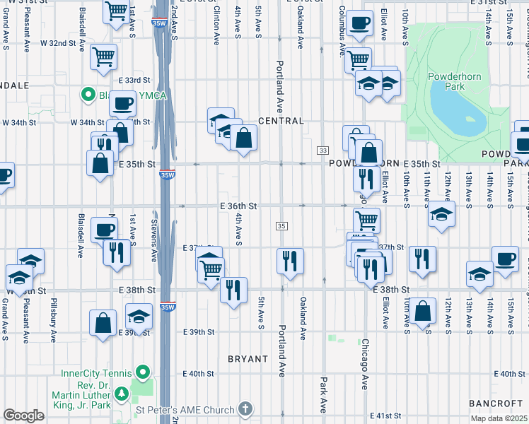 map of restaurants, bars, coffee shops, grocery stores, and more near 3625 South 5th Avenue in Minneapolis