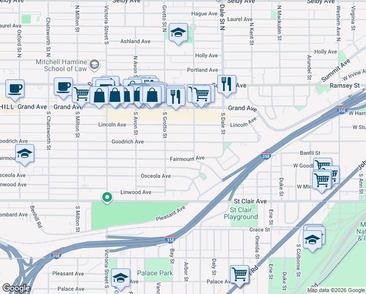 map of restaurants, bars, coffee shops, grocery stores, and more near 149 Saint Albans Street South in Saint Paul