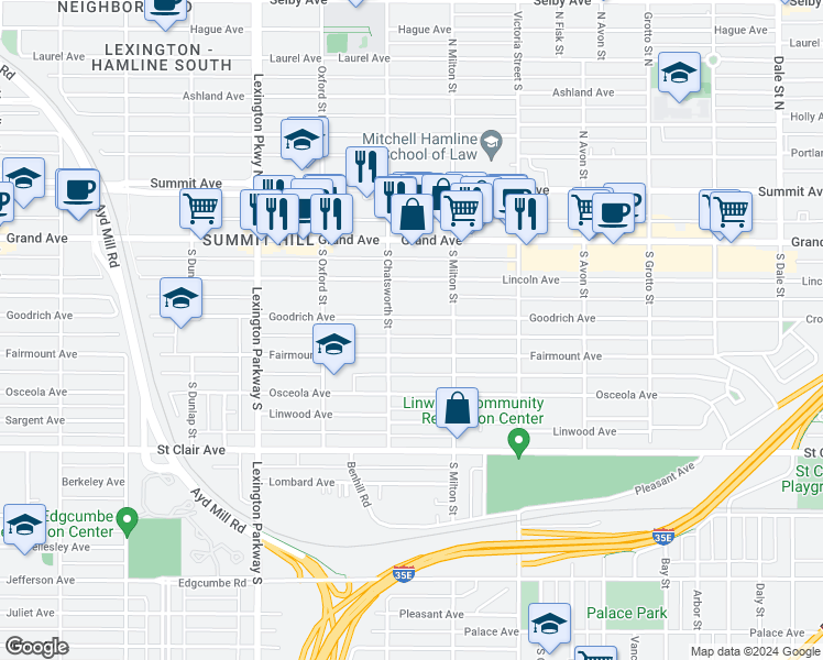 map of restaurants, bars, coffee shops, grocery stores, and more near 969 Fairmount Avenue in Saint Paul