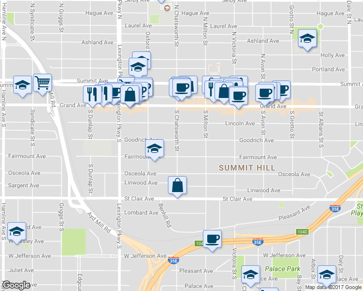 map of restaurants, bars, coffee shops, grocery stores, and more near 969 Fairmount Avenue in Saint Paul