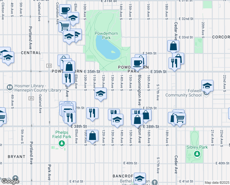 map of restaurants, bars, coffee shops, grocery stores, and more near 3620 13th Avenue South in Minneapolis