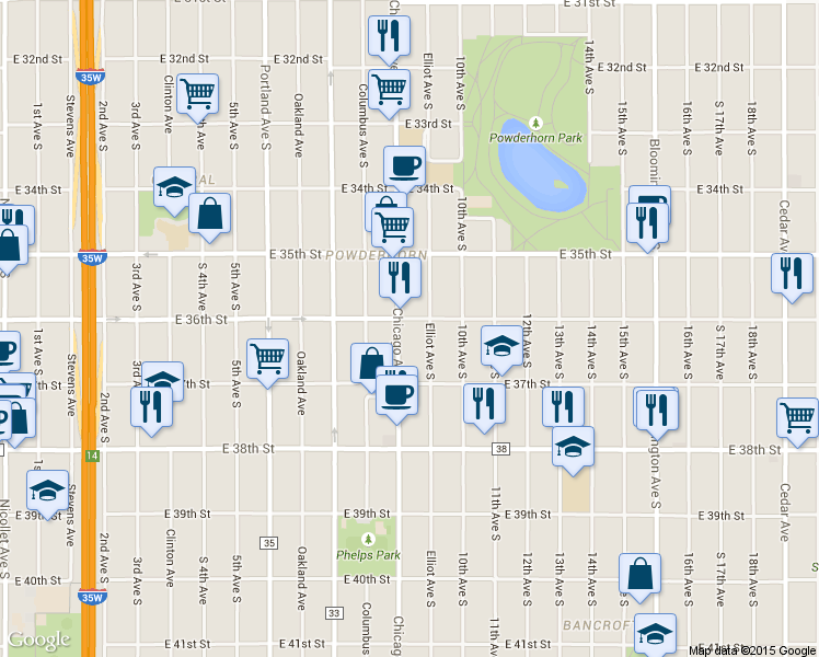 map of restaurants, bars, coffee shops, grocery stores, and more near 3623 Chicago Avenue South in Minneapolis