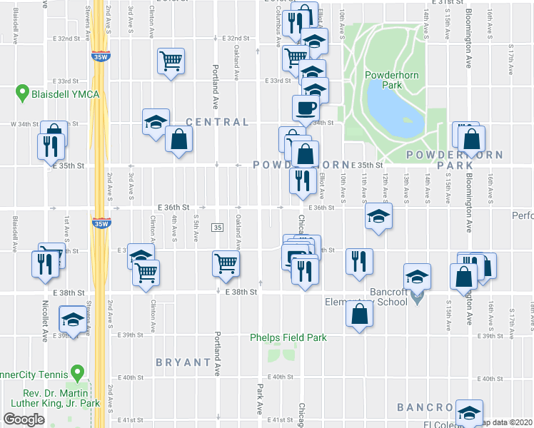 map of restaurants, bars, coffee shops, grocery stores, and more near 3620 Columbus Avenue South in Minneapolis