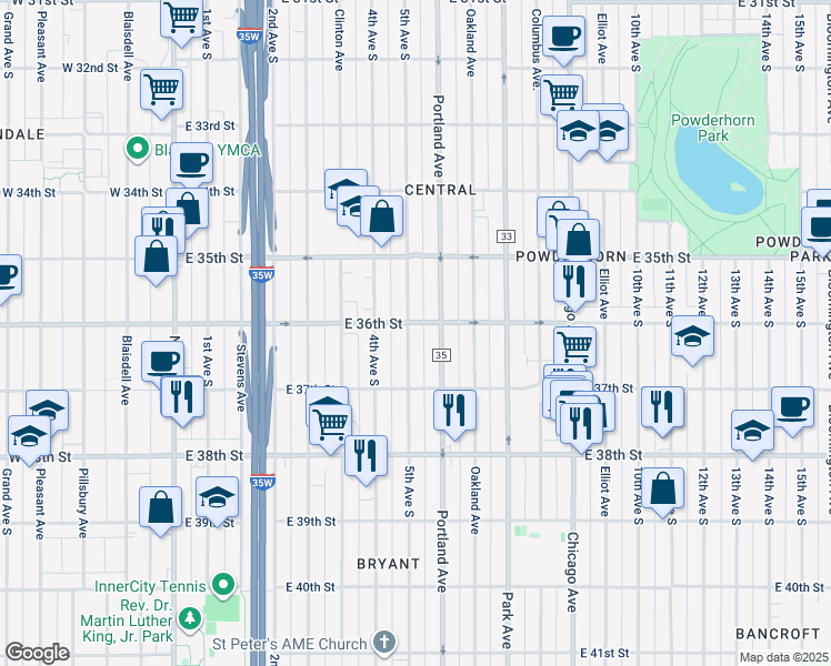 map of restaurants, bars, coffee shops, grocery stores, and more near 3625 South 5th Avenue in Minneapolis